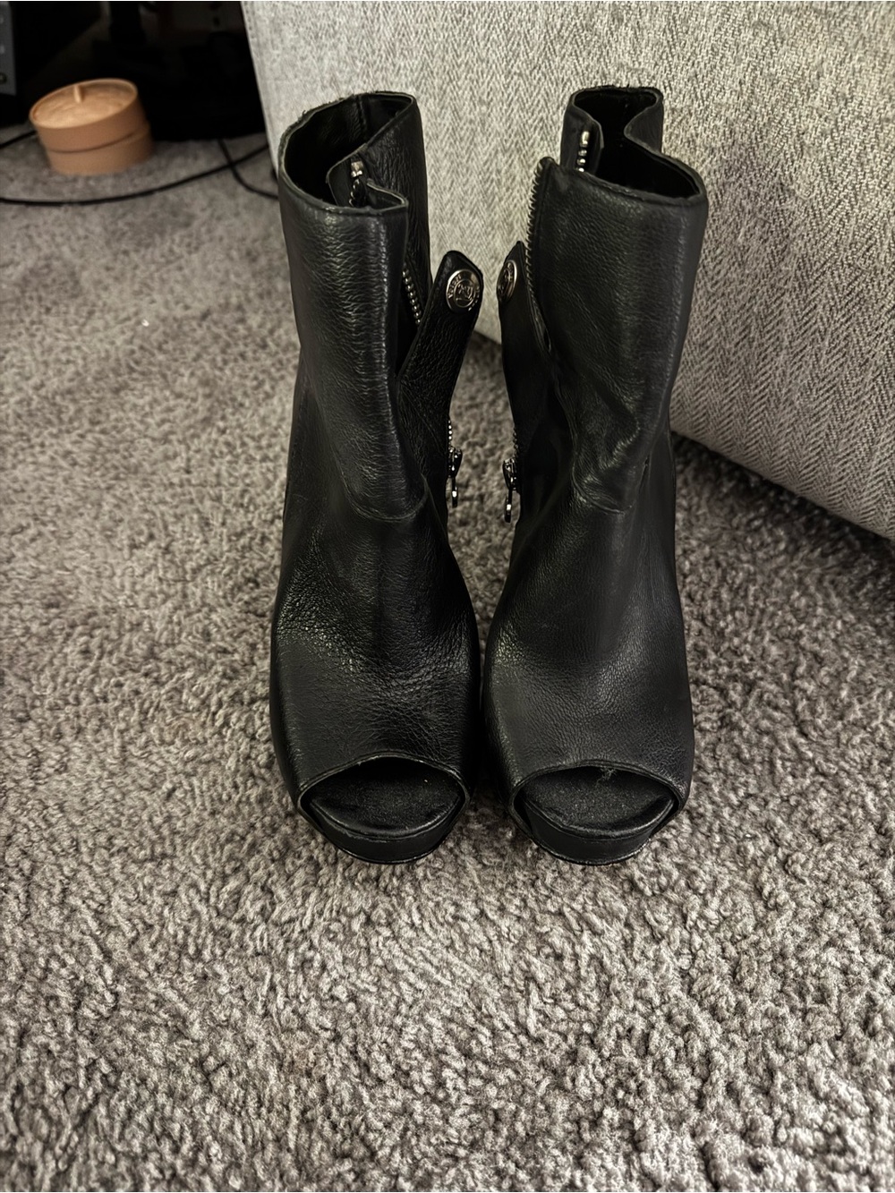 Velvet Angels Black Leather Peep-Toe Ankle Booties
